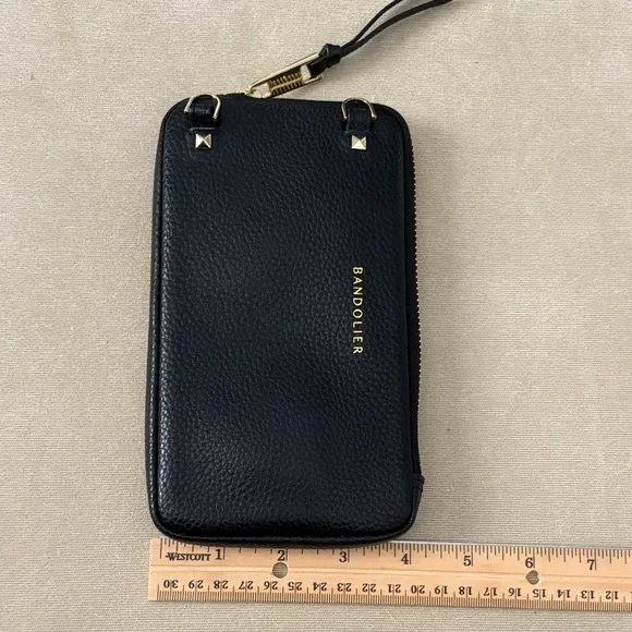 Bandolier Black Leather Phone Pouch with Gold Accents